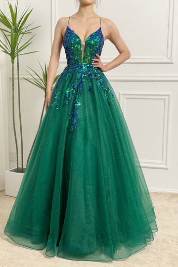 A Line Sparkly Sequin Tulle Long Dark Green Prom Dress With Appliques